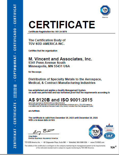 M Vincent and Associates ISO 9001and AS9120 certificate